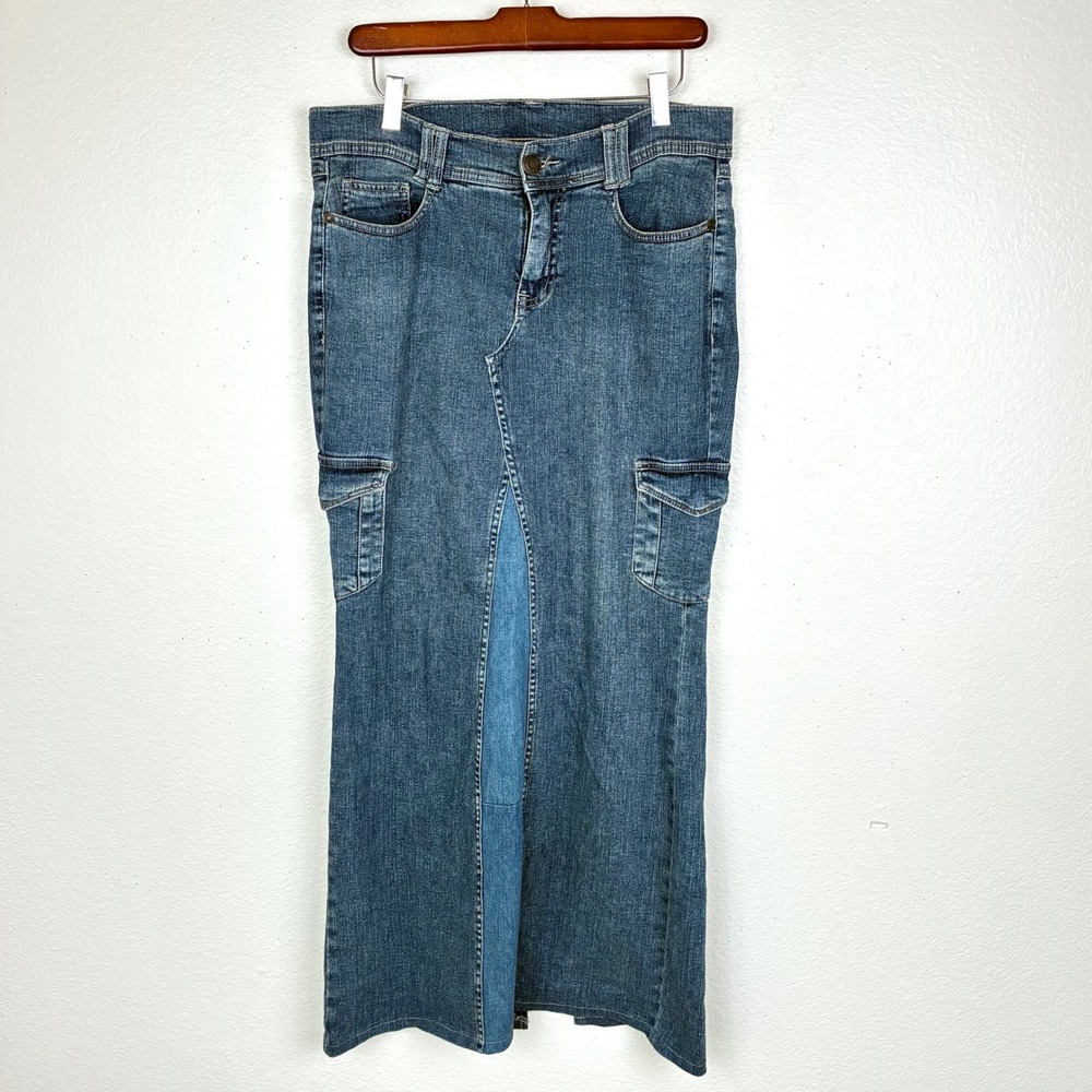 Y2k 90s Vintage Faded Glory Skirt Sz 8 Maxi Denim Cargo Utility Grunge Stretchy